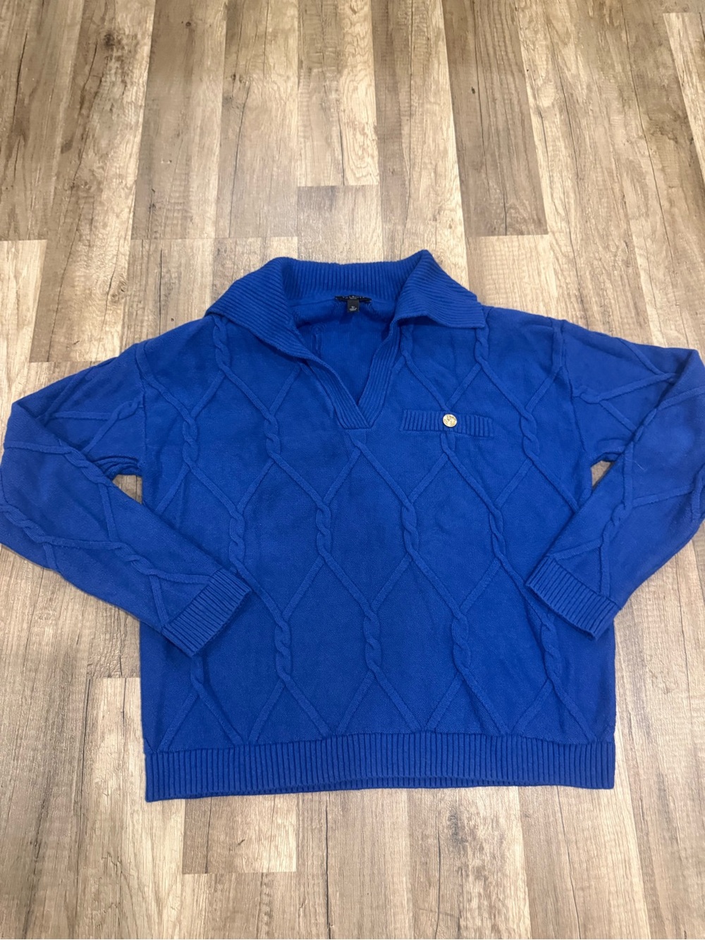 Women's Blue Cable-Knit Collared Sweater